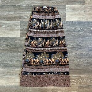 Vtg Notation Petite Safari Maxi Skirt Elephant Giraffe Print Beaded Trim Size PS